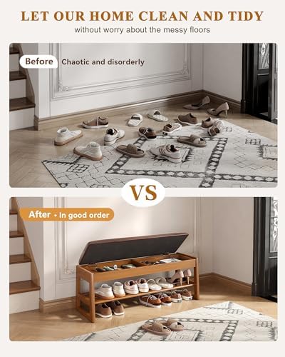 Shoe Rack Bench with Hidden Storage, 2‑Tier Solid Rubberwood Entryway Bench