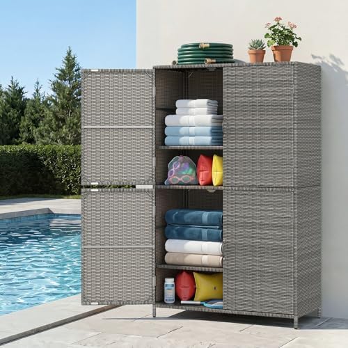 Tangkula Rattan Outdoor Storage Cabinet, Patiojoy Outdoor Cabinet with 2 Adju...