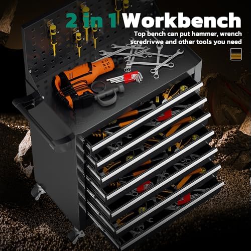 Greenvelly 7-Drawer Tool Chest, Rolling Tool Chest with Hooks and Lockable Wh...