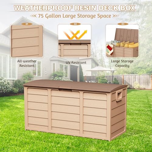 75 Gallon Outdoor Deck Box - Heavy Duty Resin Storage with Lockable Lid, UV R...