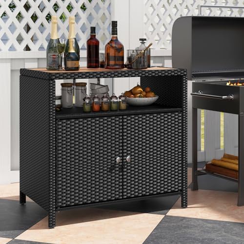 Rattan Storage Cabinet, Outdoor & Indoor Sideboards with Acacia Wood Coun...