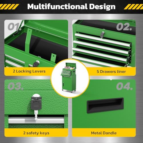 Greenvelly Tool Chest, 5-Drawer Rolling Tool Chest with Hooks and Lockable Wh...