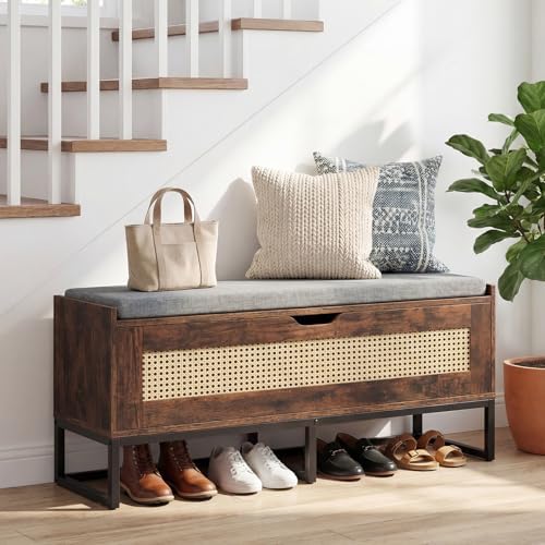 GIANTEX Rattan Shoe Bench, Flip-Top Entryway Bench with Removable Padded Seat...