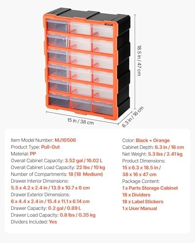 VEVOR 18-Drawer Storage Organizer, Plastic, Drawer Storage Cabinet for Garage...