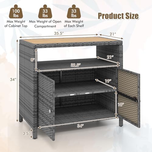 Rattan Storage Cabinet, Outdoor & Indoor Sideboards with Acacia Wood Coun...