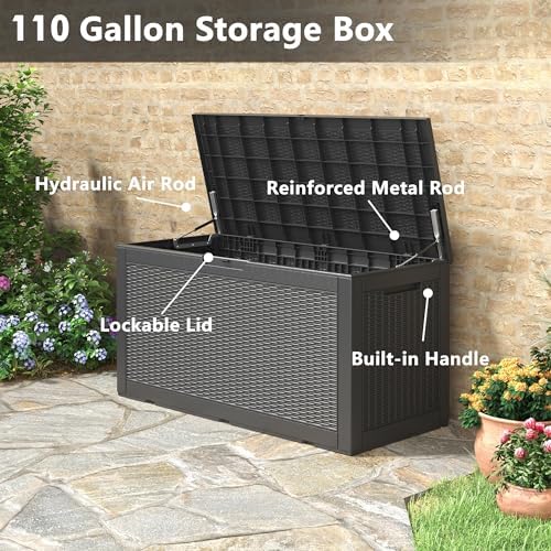 Resin Outdoor Deck Storage Box Waterproof (Black, 110 Gallon)