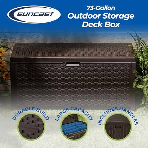 Suncast Outdoor Storage Box - 73 Gallon Mocha Brown Deck Box for Patio, weath...