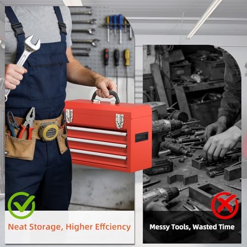 Portable Metal Tool Box – 3 Drawers Lockable Mini Toolbox, Heavy-Duty Tool Ch...