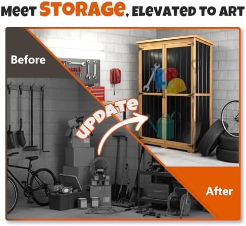 Outdoor Storage Cabinet with Shelves, Wood & Metal Storage Shed with Weat...