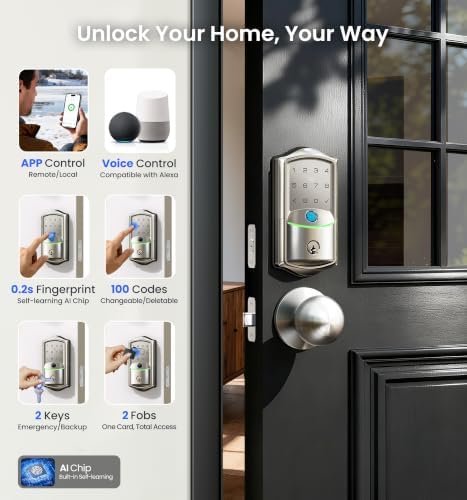 Veise VE027-K WiFi Smart Deadbolt Locks with 2 Knobs Set, Satin Nickel
