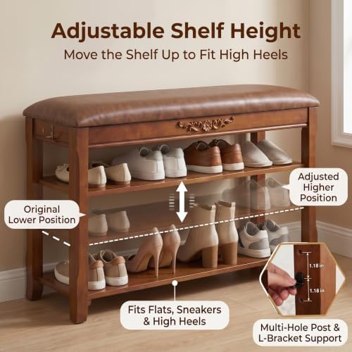Solid Wood Shoe Rack Bench Entryway Storage with Leather Cushion, 39.4”