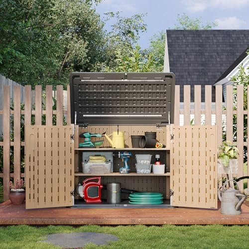 Aoxun Outdoor Storage Cabinet 35 Cu.Ft Outdoor Trash Can Storage Shed,Brown