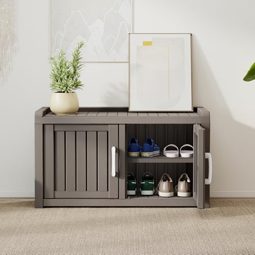 2-Tier Storage Bench, Waterproof UV-Resistant Outdoor Shoe Storage Cabinet wi...