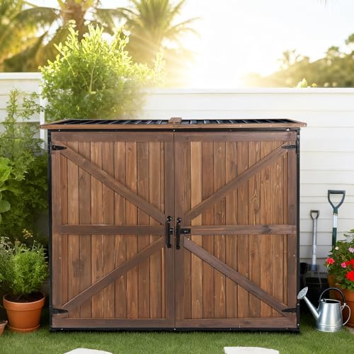 Gutinneen Outdoor Storage Shed Cabinet with Strong Iron Frame Large Wooden Ga...