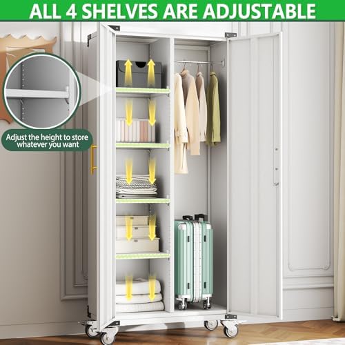 71" Tall Broom Closet Storage Cabinet with Hanging Rod for Cleaning Supp...