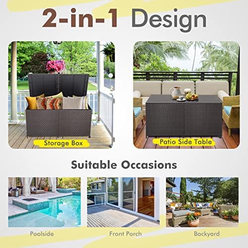 RELAX4LIFE 175-Gallon Outdoor Storage Box, Wicker Rattan Outside Storage Cont...