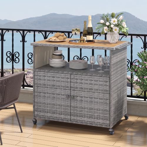 Tangkula Rattan Outdoor Storage Cabinet with 4 Wheels (Mix Grey)