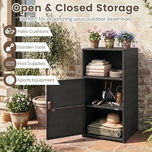 Tangkula Rattan Outdoor Storage Cabinet with 3 Storage Shelves