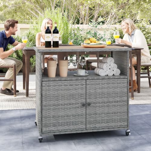 HAPPYGRILL Outdoor Storage Cabinet with Wheels, PE Rattan Deck Box