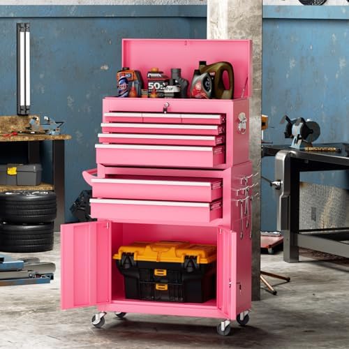 Crownland 8 Drawer Rolling Tool Chest with Wheels, Pink