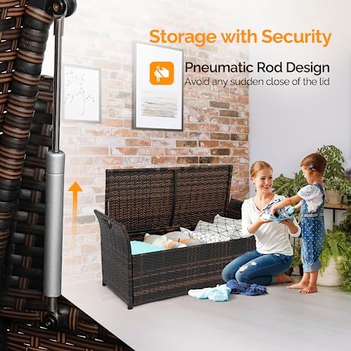 VINGLI 40 Gallon Outdoor Storage Bench with Cushion, Rattan Storage Box, Pati...