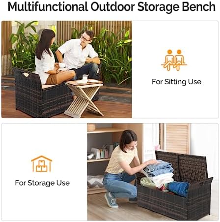 VINGLI 40 Gallon Outdoor Storage Bench with Cushion, Rattan Storage Box, Pati...