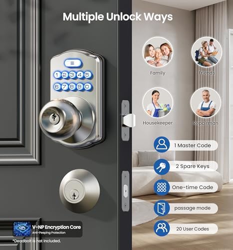 Veise KS03 Keypad Door Knob, Keyless Entry Lock with Handle, Satin Nickel