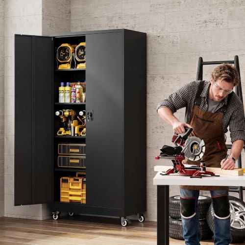 Metal Garage Storage Cabinet with Locking Doors and Adjustable Shelves, Wide ...