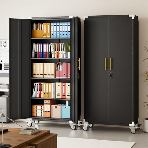 pozdeg 71" Black Tall Lockable Rolling Metal Garage Storage Cabinet ﻿