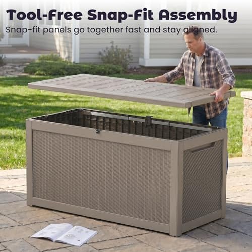PatioZen 360 Gallon Outdoor Storage Box, Heavy Duty Resin Large Deck Box Orga...