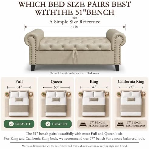 51 Inch Faux Leather Storage Bench with Rolled Arms, Chesterfield Tufted Otto...