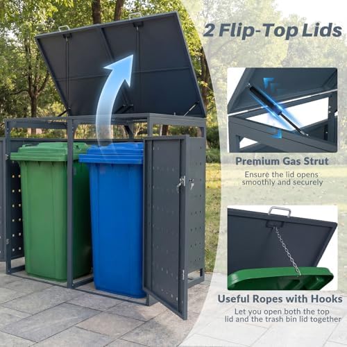 Goplus 44 Cu.Ft Outdoor Trash Can Storage, Garbage Can Hider Outdoor with 2 L...