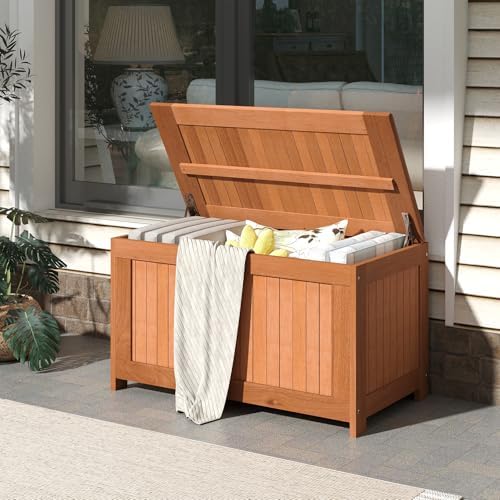 HAPPYGRILL Outdoor Wood Deck Box with Flip Top, Patio Storage Bench for Garde...