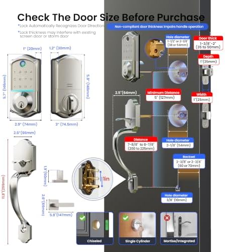 Veise VE017-H 8-in-1 Fingerprint Smart Front Door Lock Set, Satin Nickel