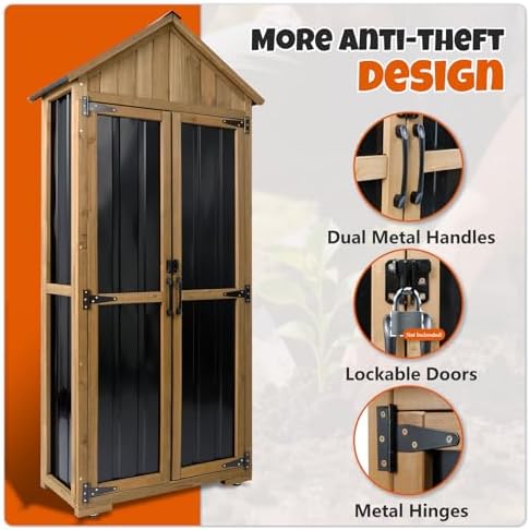 Outdoor Storage Cabinet with Shelves, Wood & Metal Storage Shed with Weat...