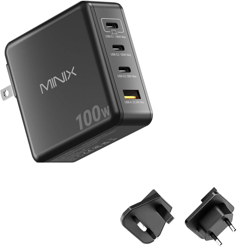 MINIX 100W USB C Charger, 4-Port Fast GaN Charger, Compact Foldable Wall Charger