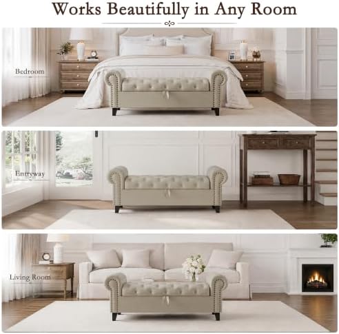 51 Inch Faux Leather Storage Bench with Rolled Arms, Chesterfield Tufted Otto...