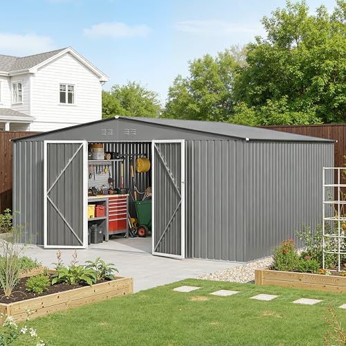 14 x 12FT Outdoor Storage Shed,Grey Metal Waterproof Shed with Door