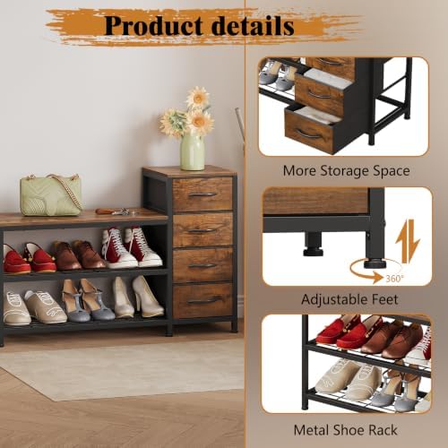 EXOTICA Industrial Shoe Storage Bench with 4 Drawers & Seat, Rustic Brown