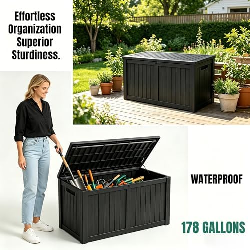 MAKINO 178 Gallon Large Resin Outdoor Storage Box, Waterproof Deck Box, Locka...