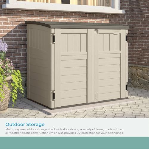 Suncast 34 Cu Ft Capacity Horizontal Outdoor Storage Shed for Garbage Cans, G...