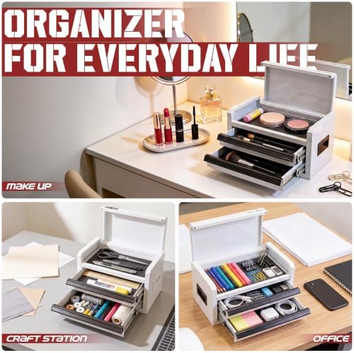 Mini Toolbox with 2 Drawers and Top Storage, Durable Steel Construction with ...