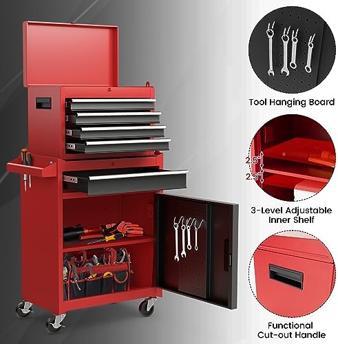 IRONMAX 2-in-1 Detachable Rolling Metal Tool Chest, 5 Drawers, Black & Red