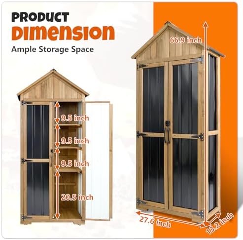Outdoor Storage Cabinet with Shelves, Wood & Metal Storage Shed with Weat...