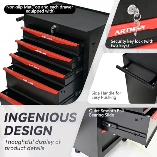 Heavy Duty 5-Drawer Rolling Tool Chest, Key Lock Tool Storage Cabinet with Lo...