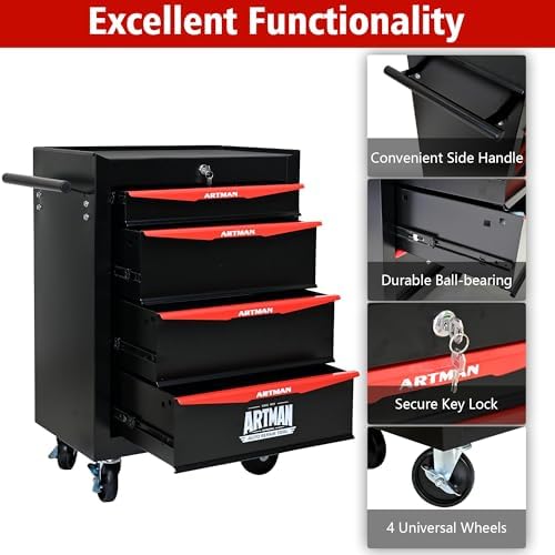 Heavy Duty 4-Drawer Rolling Tool Chest, Key Lock Tool Storage Cabinet with Lo...