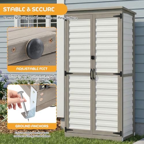 Outdoor Storage Cabinet, Wood & Plastic Garden Shed with Adjustable Shelves