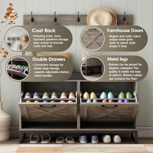 Maupvit Shoe Cabinet with 2 Flip Drawers & Coat Rack, Shoe Storage Bench ...