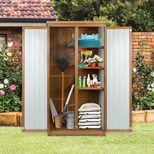 Outdoor Storage Cabinet Wood & Metal with Waterproof Roof, Garden Tool Sh...