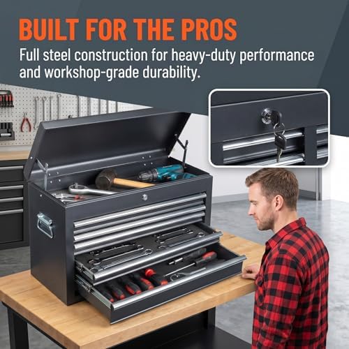 Winado 24" Portable Metal Tool Box, 5 Drawers Lockable Toolbox, Black